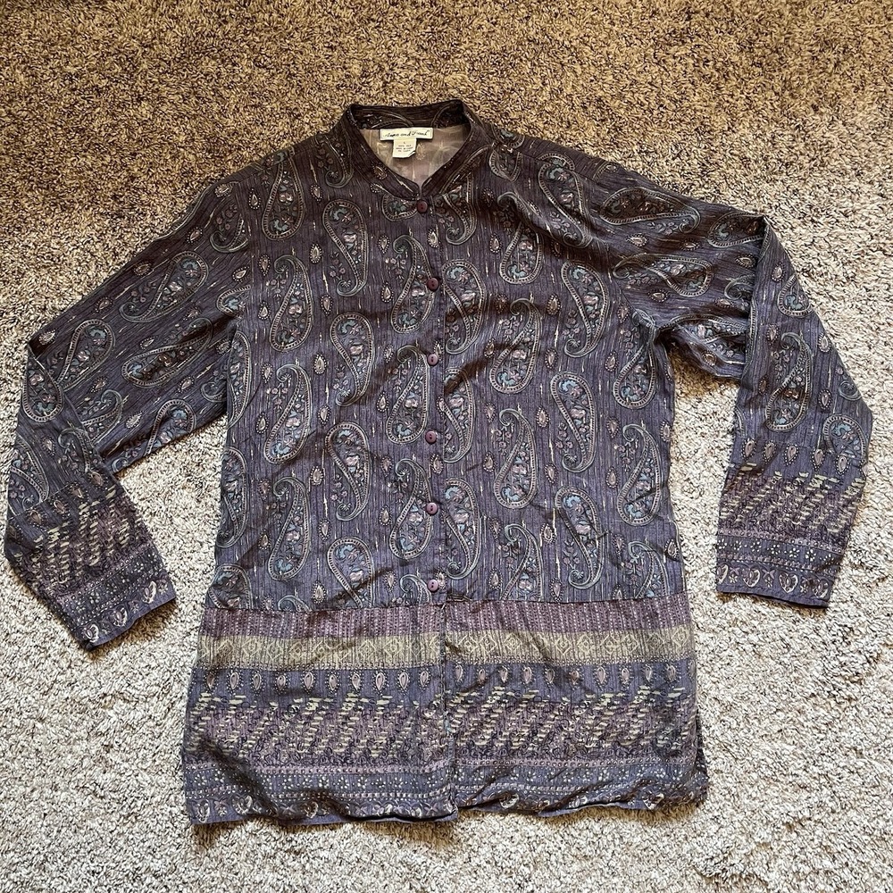 Vtg Anna & Frank Silk Paisley Print Long Sleeve Button Up Blouse Size L
